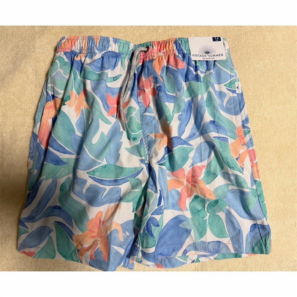 Old Navy Boys Swim Trunks Size 14 Tropical Floral Leaf Print Mesh Lined